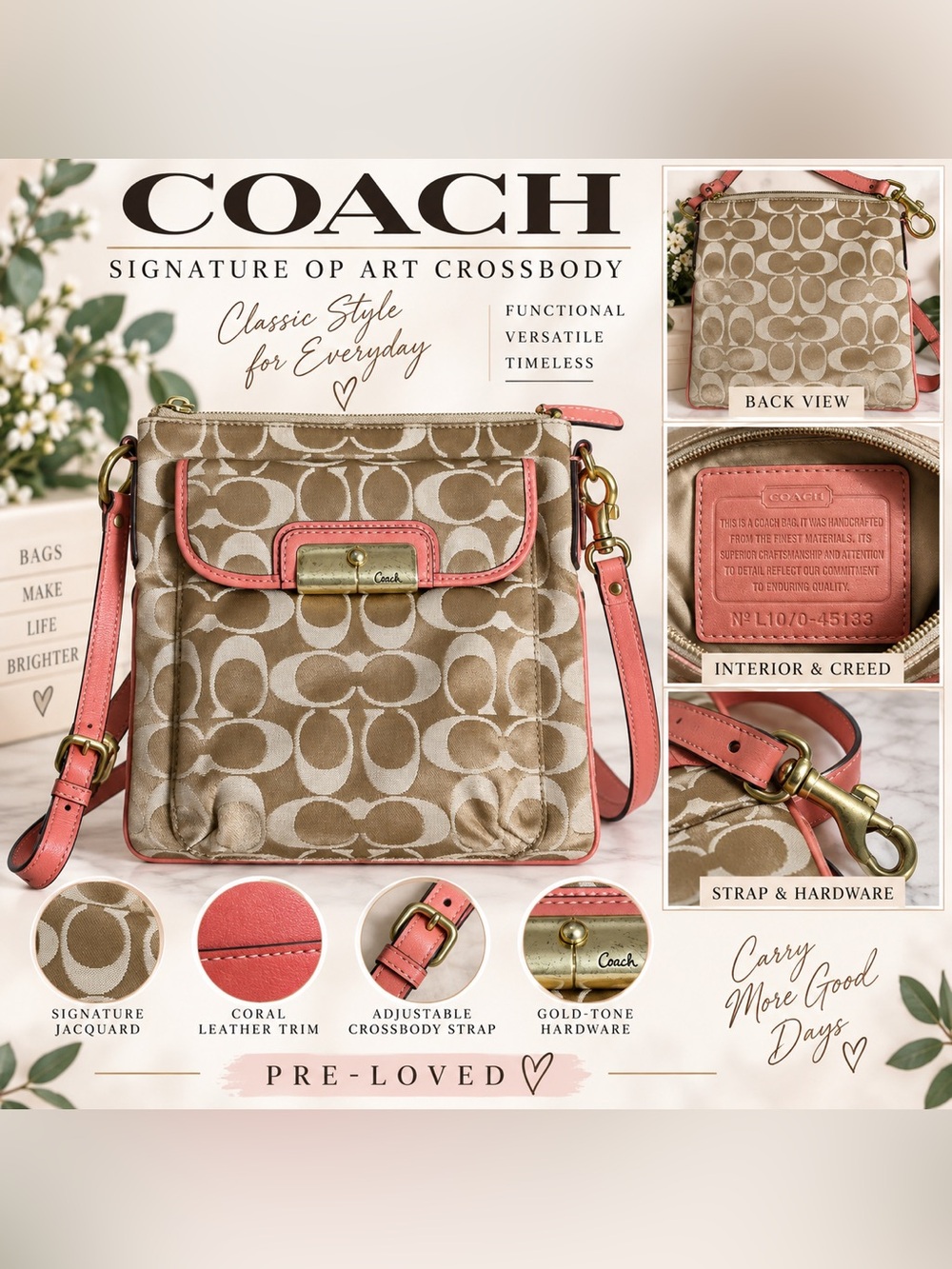 Coach Signature Op Art Khaki & Coral Pink Crossbody Bag Y2K